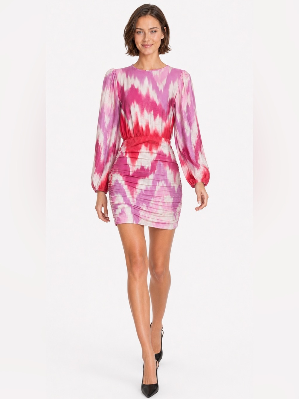 Maje Pink Purple Abstract Print Ruched Mini Dress Balloon Sleeve EU 38 US 6 NWOT